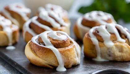 Close-up of cinnamon buns drizzled with white icing. Homemade baking. Fresh pastry.