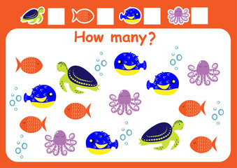 Naklejka premium How many sea animals are there? Counting game for children. Math assignment for preschoolers.