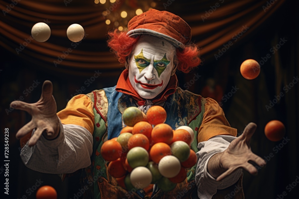 Poster a clown skillfully juggling oranges, providing entertainment and joy. this image can be used to depi