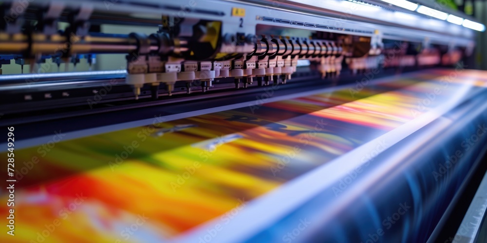 Poster a large print machine in a printing shop. suitable for graphic design, printing industry, and commer