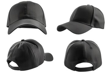 A set of four black baseball caps on a white background. Perfect for sports teams or promotional giveaways