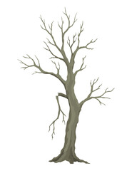 Old dead tree, rough spooky bark, dry naked branch silhouette. Vector scary forest, leafless trunk. Nature ecology problems concept. Winter or autumn season plants icon isolated