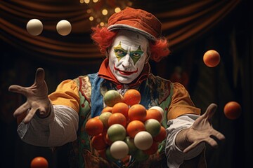 A clown skillfully juggling oranges, providing entertainment and joy. This image can be used to depict circus performances or children's parties