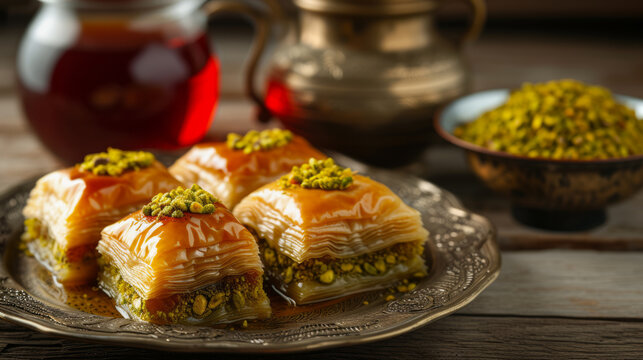 Traditional turkish dessert pistachio antep baklava with turkish black tea on rustic table, ramadan or holiday desserts concept