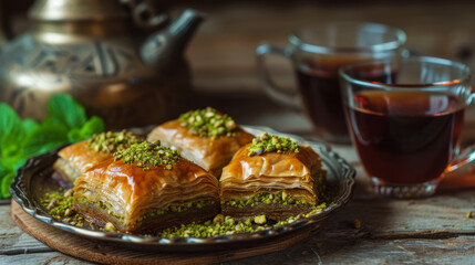 Traditional turkish dessert pistachio antep baklava with turkish black tea on rustic table, ramadan...