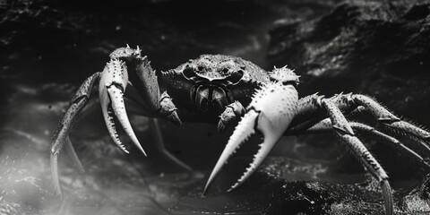 A black and white photograph showcasing a crab. Suitable for various uses - obrazy, fototapety, plakaty