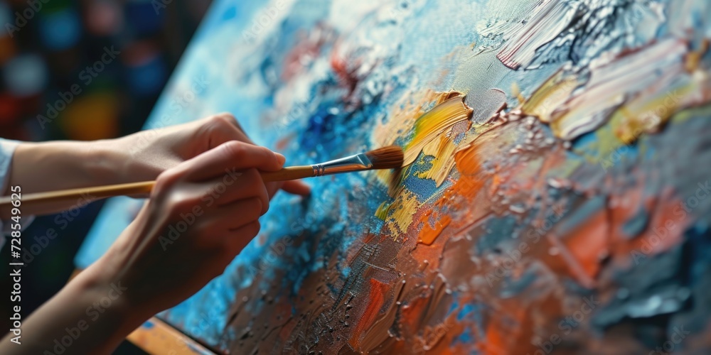 Aufkleber An intimate view of an artist painting on a canvas. This image can be used to illustrate the process of creating art or to represent the concept of creativity and self-expression