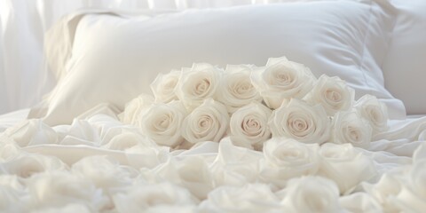 A bunch of white roses laid delicately on a bed. Perfect for romantic occasions or as a symbol of purity and elegance