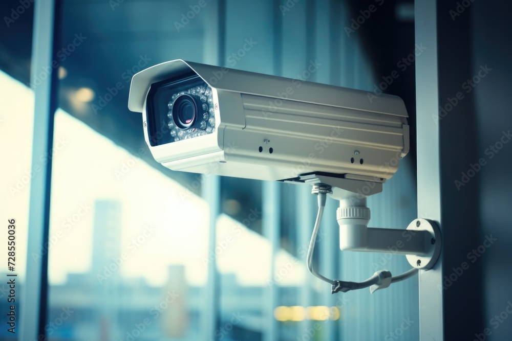 Poster A security camera mounted on the side of a building. This image can be used to depict surveillance, safety, or monitoring
