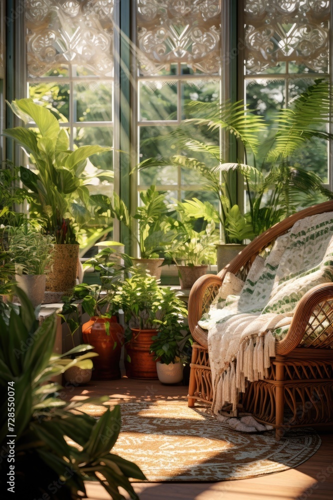 Poster a bright and sunny room with a cozy wicker chair surrounded by an abundance of potted plants. perfec