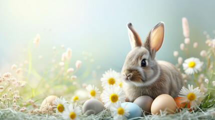 Fototapeta premium Easter, eggs, Beautiful bouquet flowers in vase and background table. Birthday, Wedding, Mother's Day, Valentine's day, Women's Day. spring, Front view. bright sunday