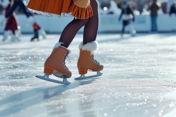 A close up view of a person's legs wearing ice skates. Perfect for winter sports or ice skating related content