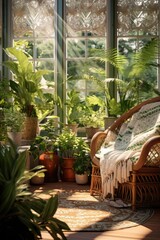 A bright and sunny room with a cozy wicker chair surrounded by an abundance of potted plants. Perfect for adding a touch of nature and relaxation to any space
