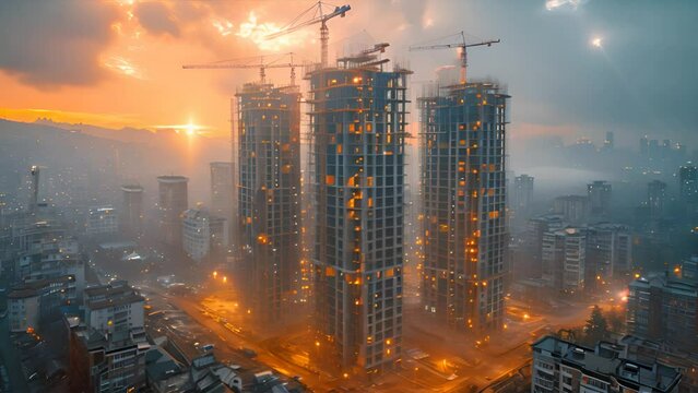 City building construction site development and tower cranes