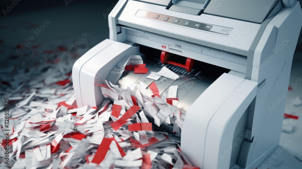 Poster a paper shredder in action, cutting through a pile of red and white paper. this image can be used to