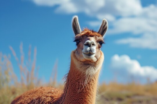 A close-up photograph of a llama in a field. This image can be used to depict farm animals or nature scenes