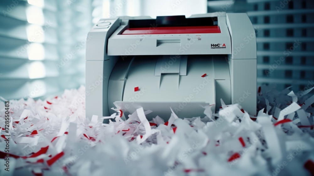 Poster a paper shredder sitting on top of a pile of shredded paper. perfect for illustrating document destr