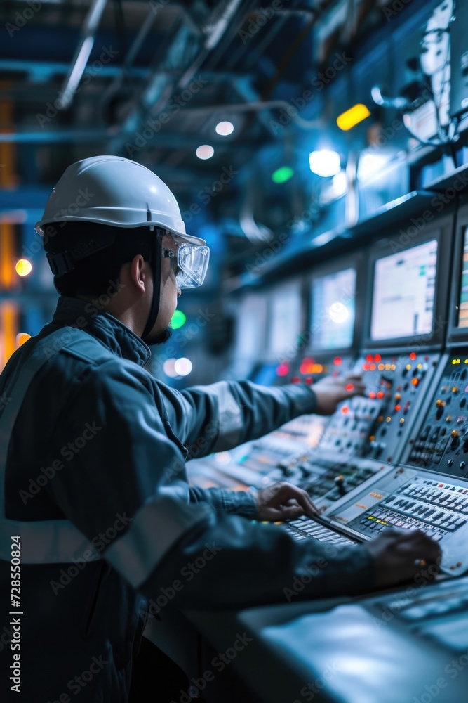 Poster A man wearing a hard hat is seen working on a control panel. This image can be used to depict a skilled worker in an industrial setting