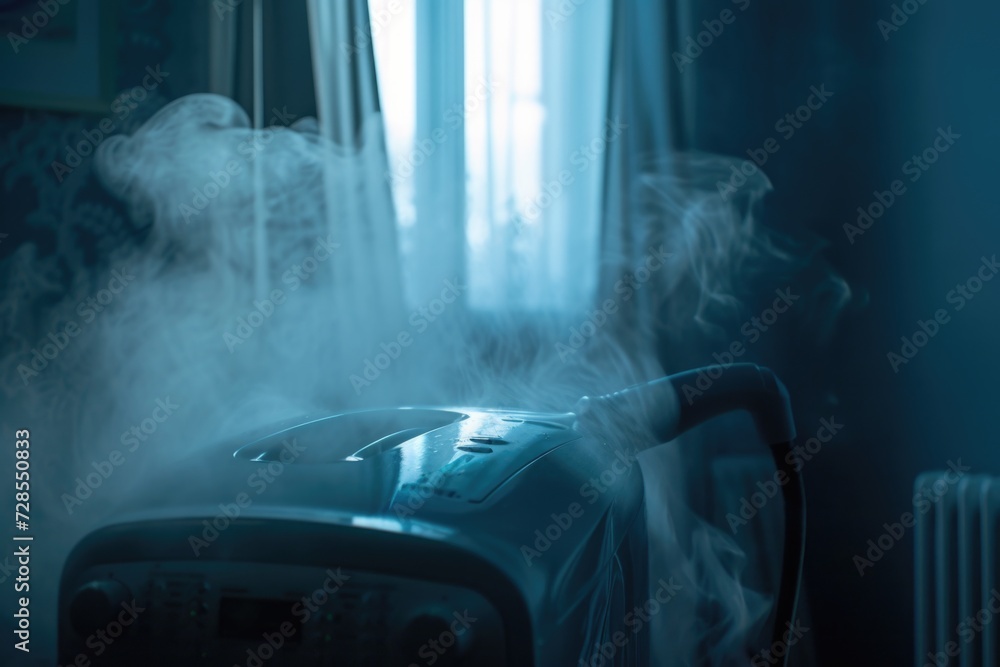 Poster a room filled with steam as it flows out of the air conditioner. perfect for illustrating hot and hu
