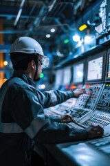 A man wearing a hard hat is seen working on a control panel. This image can be used to depict a skilled worker in an industrial setting