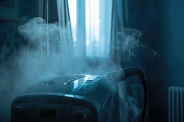A room filled with steam as it flows out of the air conditioner. Perfect for illustrating hot and humid weather conditions. - obrazy, fototapety, plakaty