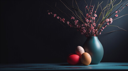 Easter, eggs, Beautiful bouquet flowers in vase and background table. Birthday, Wedding, Mother's Day, Valentine's day, Women's Day. spring, Front view. bright sunday - obrazy, fototapety, plakaty