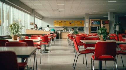 A picture of a restaurant with red chairs and tables. Suitable for illustrating a vibrant dining experience