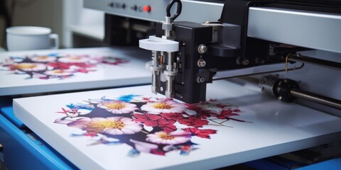 A machine printing a picture of flowers. Use this image to showcase the process of creating unique...