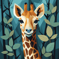 Close-up portrait of a cute young giraffe in the green foliage. Low poly portrait of a wild baby animal with horns in the woods