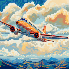 Colorful illustration of an airplane flying in the sky on a cloudy day. Beautiful landscape with a whole plane taking off