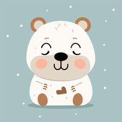 Cute happy cartoon polar bear in winter. Adorable wild baby animal daydreaming