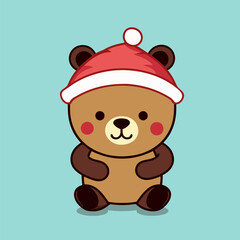 Cute happy cartoon brown bear wearing Santa's hat. Adorable wild baby animal celebrating Christmas