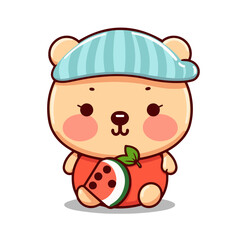 Cute cheerful cartoon bear with a piece of watermelon. Adorable wild baby animal in a blue hat eating fruit