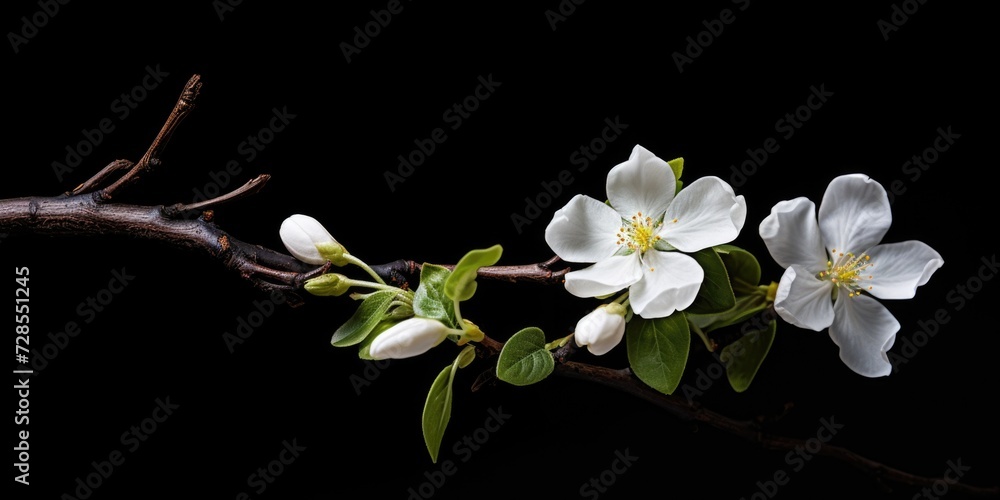 Poster a branch with white flowers on a black background. can be used as a minimalist and elegant decoratio