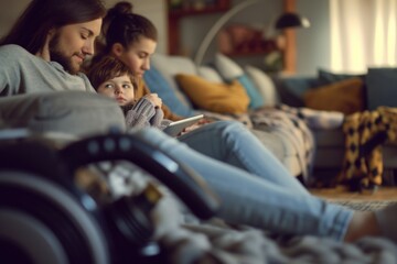Obraz premium A man and woman sitting on a couch with their child. Suitable for family, parenting, and lifestyle themes