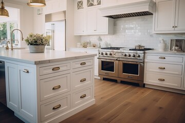 A functional kitchen with a stove top oven and sleek white cabinets. Perfect for home renovation projects or interior design inspiration