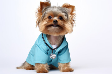 A dog in a coat with a stethoscope sitting on a white background. The dog in the costume of a doctor, veterinarian. The concept of medical care
