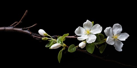 A branch with white flowers on a black background. Can be used as a minimalist and elegant decoration or for floral-themed designs - Powered by Adobe