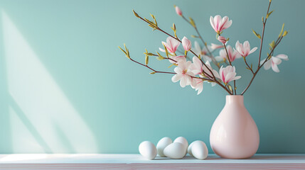 Easter, eggs, Beautiful bouquet flowers in vase and background table. Birthday, Wedding, Mother's Day, Valentine's day, Women's Day. spring, Front view. bright sunday