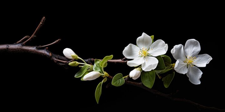 Fototapeta A branch with white flowers on a black background. Can be used as a minimalist and elegant decoration or for floral-themed designs