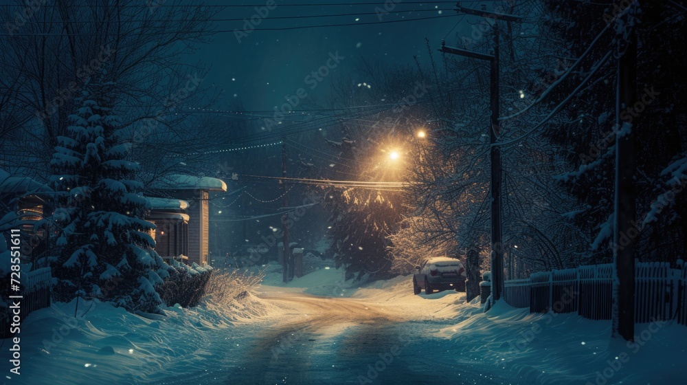 Poster a snowy street illuminated by a single street light. this image can be used to depict a winter night