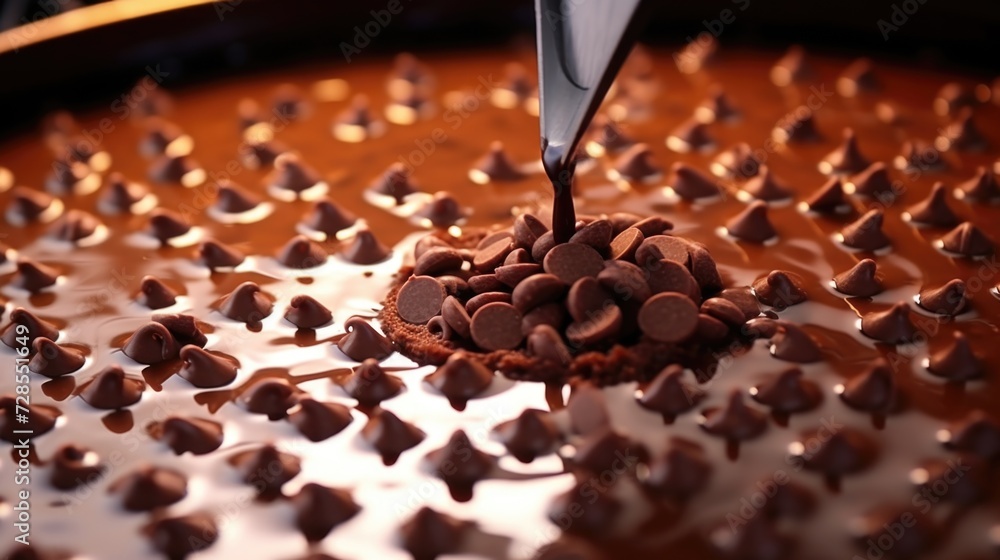 Poster a spoon is pouring chocolate into a bowl. this image can be used for food and cooking related projec