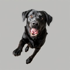 A black dog peacefully resting on a smooth gray surface. Suitable for pet-related designs and concepts