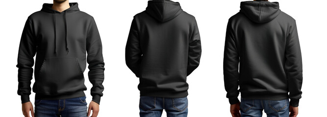 Customizable black hoodie template: showcase your streetwear designs with this digital mockup, including multiple views on a transparent background for print mockups.