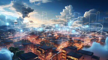 cloud computing with multiple networks and digital devices on top of a city - obrazy, fototapety, plakaty
