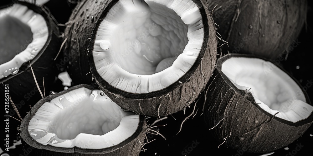 Poster A pile of coconuts stacked on top of each other. Perfect for tropical-themed designs and advertisements