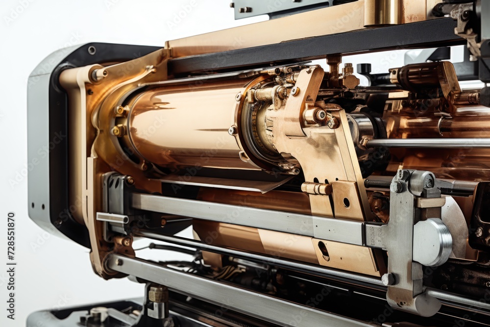 Poster a detailed view of a machine on a clean white surface. perfect for industrial concepts and technolog
