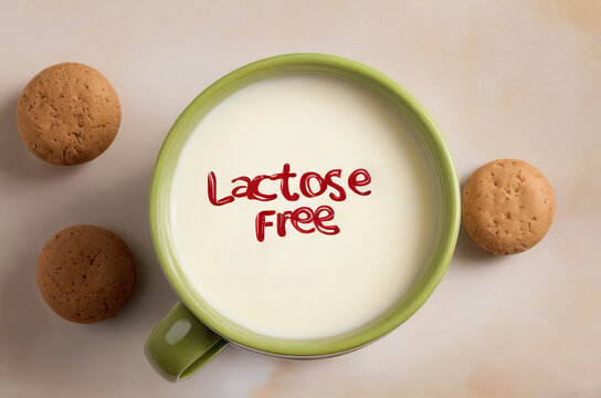 top view of text LACTOSE FREE on milk in round cup over pastel background with cookies