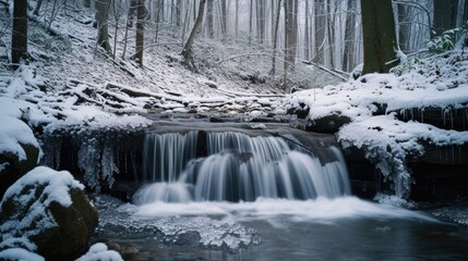 A picturesque small waterfall surrounded by snow-covered trees. Ideal for nature-themed designs and winter landscapes