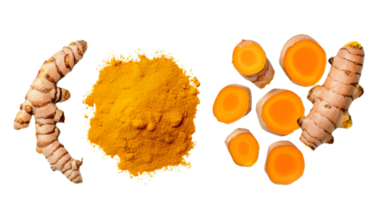 Turmeric (curcumin) powder with rhizome and slices on white background